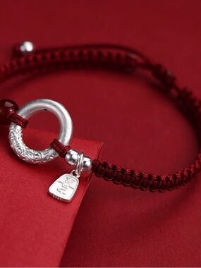 Handwoven Red Macrame Bracelet with Silver Ring Charm